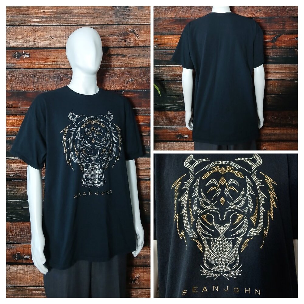 Sean John Vintage Shirt Mens 3XB 3XL Black Studded Tiger T-Shirt Tee READ
